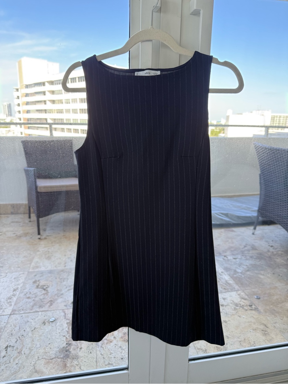 Navy pinstripe shift dress